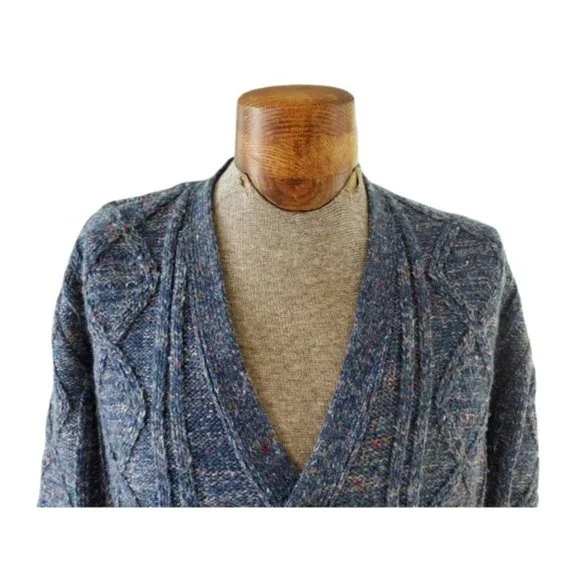 VTG CAMPUS Men's Blue Flecked Cable Knit Cardigan Sweater Size Large